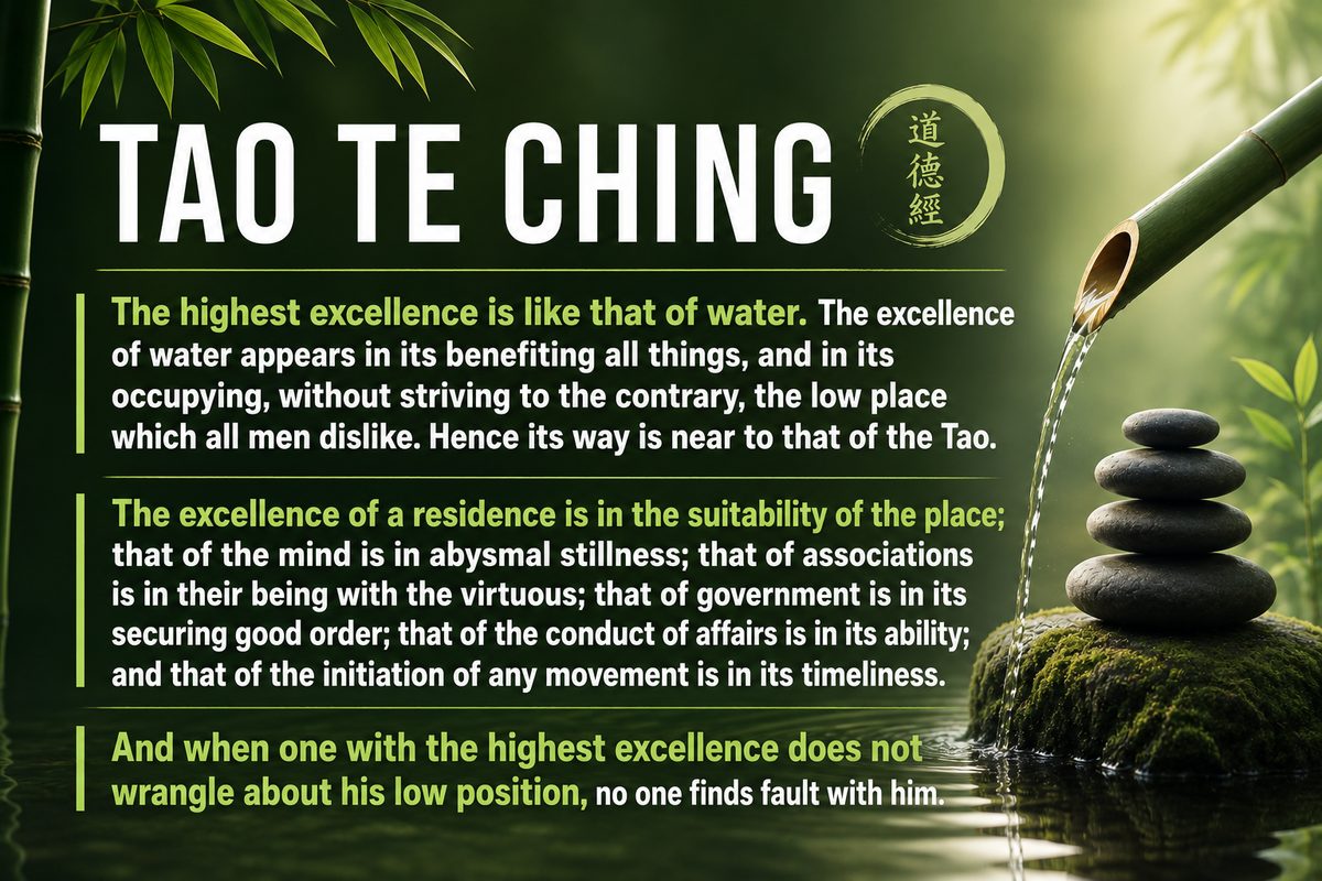 Tao Te Ching. The highest excellence is like that of water. The excellence of water appears in its benefiting all things, and in its occupying, without striving to the contrary, the low place which all men dislike. Hence its way is near to that of the Tao. The excellence of a residence is in the suitability of the place; that of the mind is in abysmal stillness; that of associations is in their being with the virtuous; that of government is in its securing good order; that of the conduct of affairs is in its ability; and that of the initiation of any movement is in its timeliness. And when one with the highest excellence does not wrangle about his low position, no one finds fault with him.