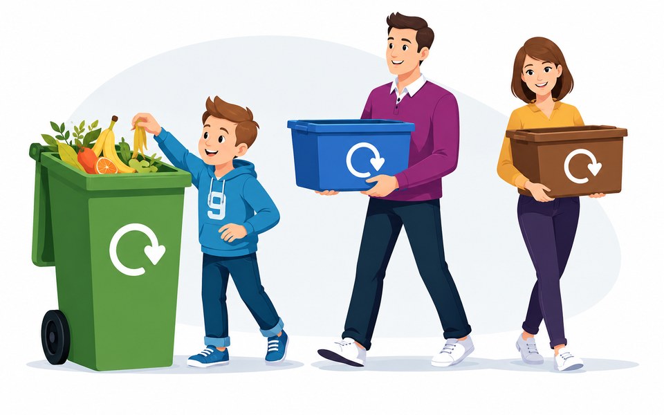 A family sorting waste into recycling bins